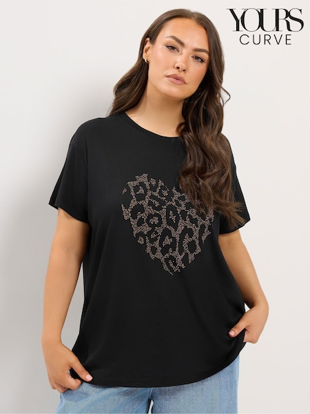 Black - Yours Curve Studded Animal Heart T-shirt