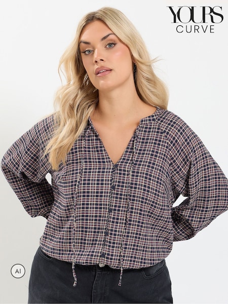 Blue - Yours Curve Check Button Through Tie Top
