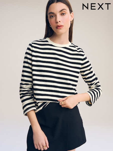 Black/Ecru Stripe Long Sleeve Heavyweight Crew Neck T-Shirt (817932) | £22