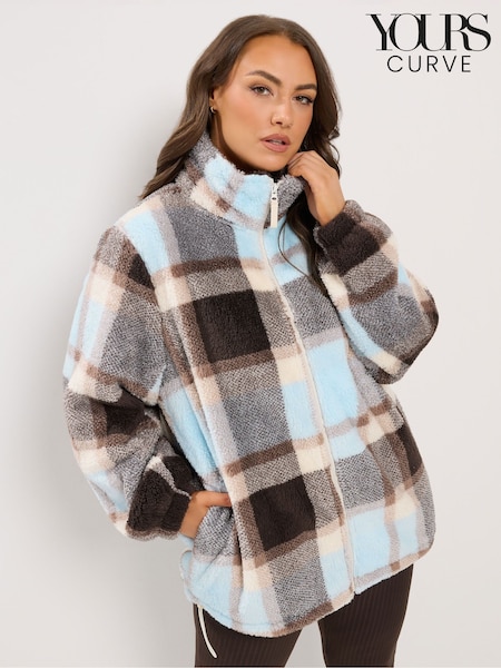 Brown - Yours Curve Checked Zip Through Fleece