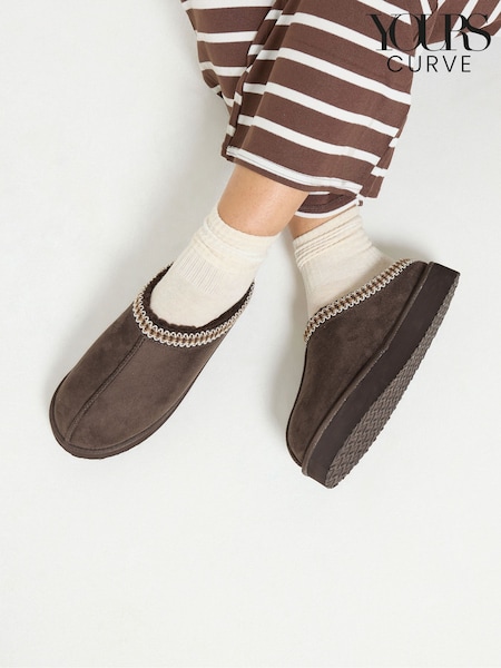 Brown - Yours Curve Faux Suede Embroidered Mules