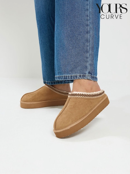 Brown - Yours Curve Faux Suede Embroidered Mules