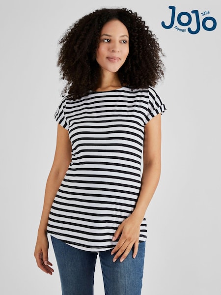 JoJo Maman Bébé White Black Stripe Boyfriend Cotton Maternity T-Shirt (821365) | £17