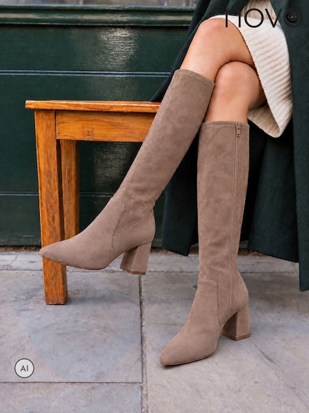 Cream - Novo Wide Fit Gina Block Heel Chisel Toe Stretch Knee Boots