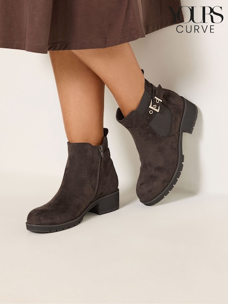 Brown - Yours Curve Faux Suede Buckle Stretch Ankle Boots