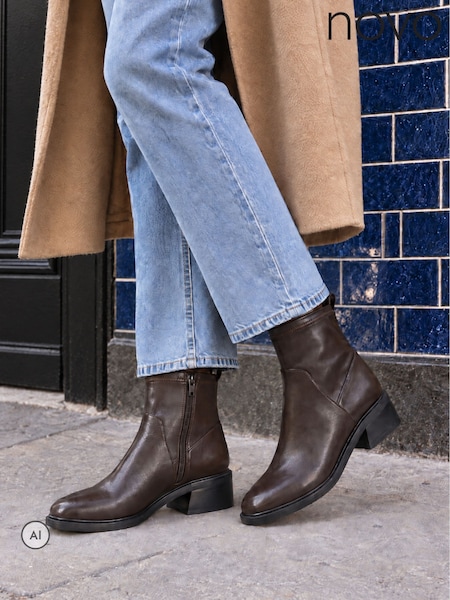 Brown - Novo Danni Flat Stretch Zip Square Toe Ankle Boots