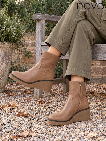 Taupe Brown - Novo Jenna Mid Wedge Casual Ankle Boots