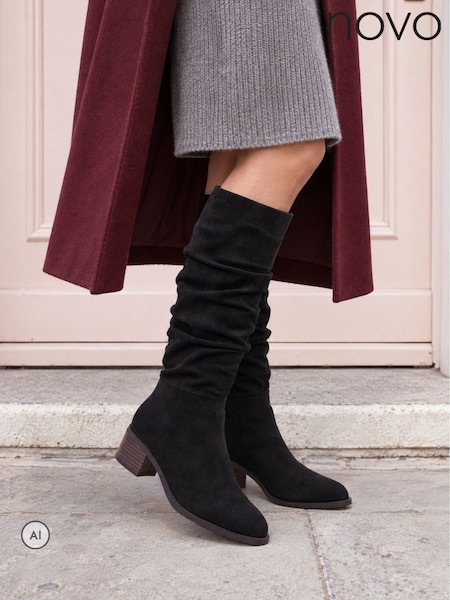 Black - Novo Gail Almond Toe Flat Ruched Knee Boots