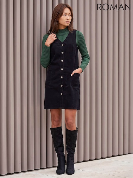 Black - Roman Cotton V-neck Button Pocket Dress