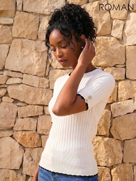 White - Roman Button Detail Ribbed Knit Top