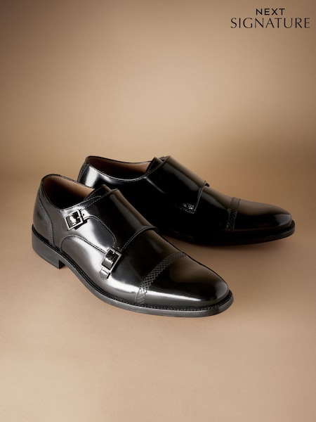 Black Signature Leather Sole Double Monk Shoes (822836) | £99