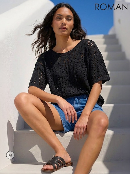 Black - Roman Crochet Detail Knit Top