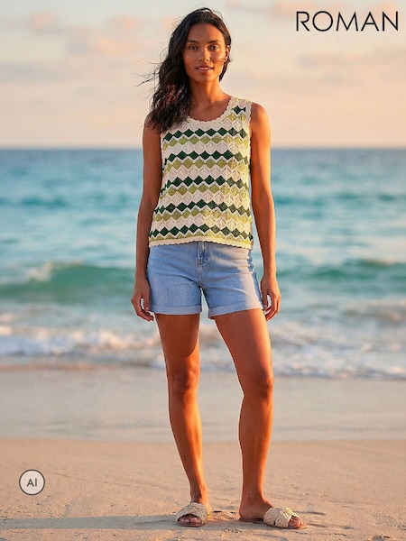 Green - Roman Wave Crochet Knit Vest
