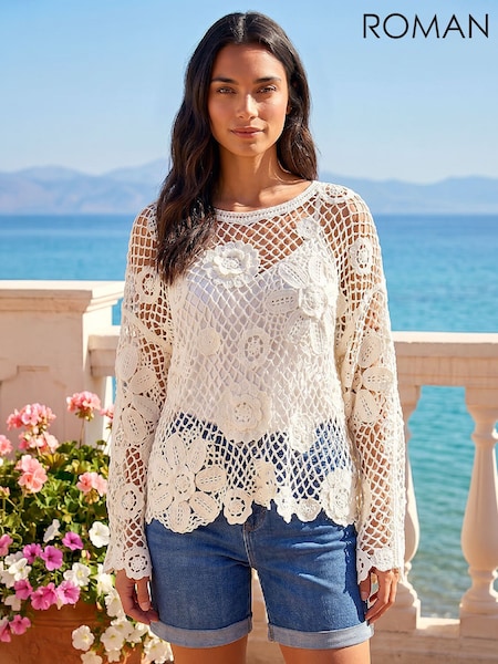 White - Roman Floral Open Crochet Knit Tunic