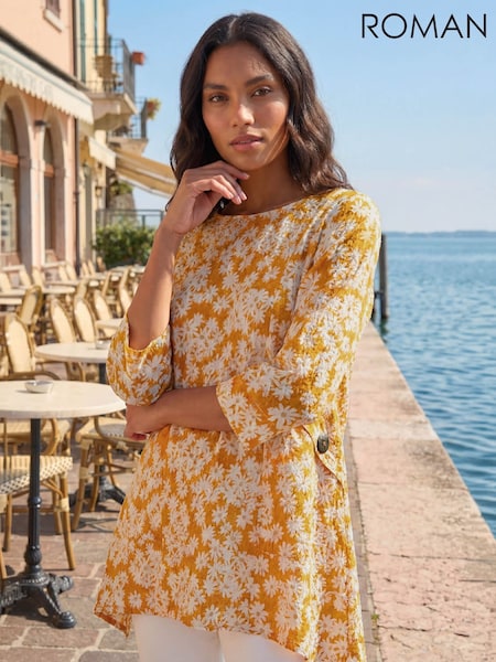 Yellow - Roman Floral Print Pocket Tunic Top