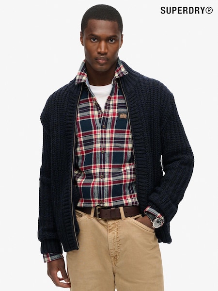 Superdry Navy Black Twist Chunky Knit Zip Through Cardigan (824822) | £110