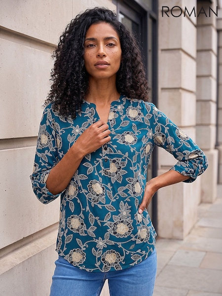 Green - Roman Textured Floral Print Stretch Shirt