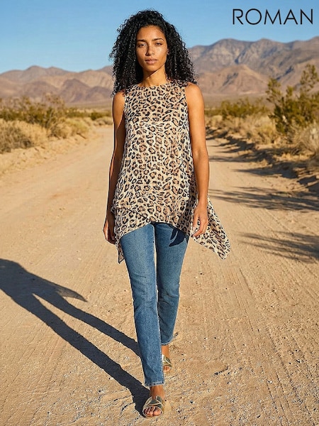 Natural - Roman Animal Print Wrap Hem Tunic Top
