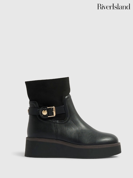 Black - River Island Buckle Wedge Ankle Boots