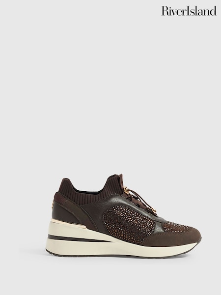 Brown - River Island Flyknit Wedge Trainers