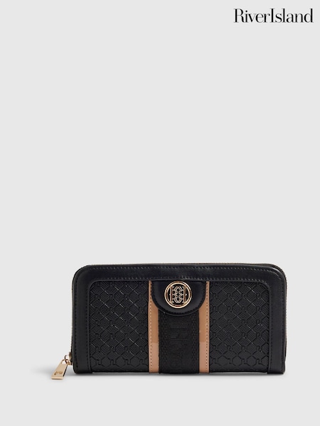 Black - River Island Monogram Embossed Zip Around Purse