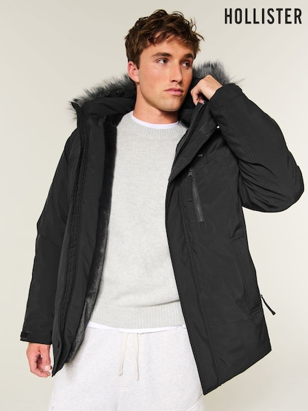 Black - Regular Hollister Heavyweight Logo Parka Coat