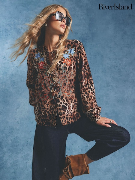 Brown - River Island Animal Print Embelished Blouse