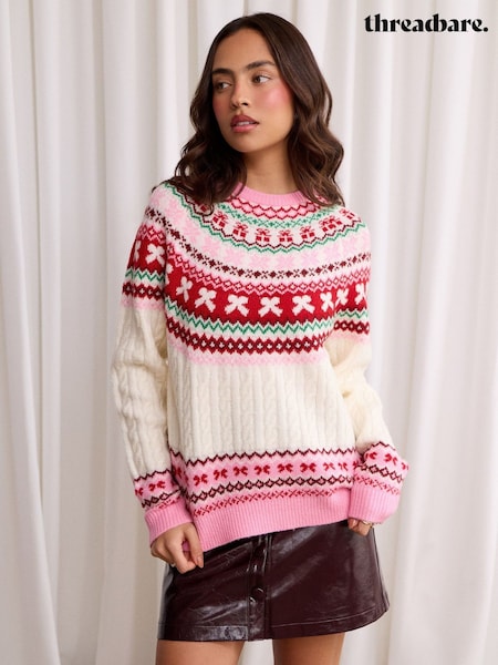 PINK - Threadbare Fairisle Cable Knit Christmas Jumper