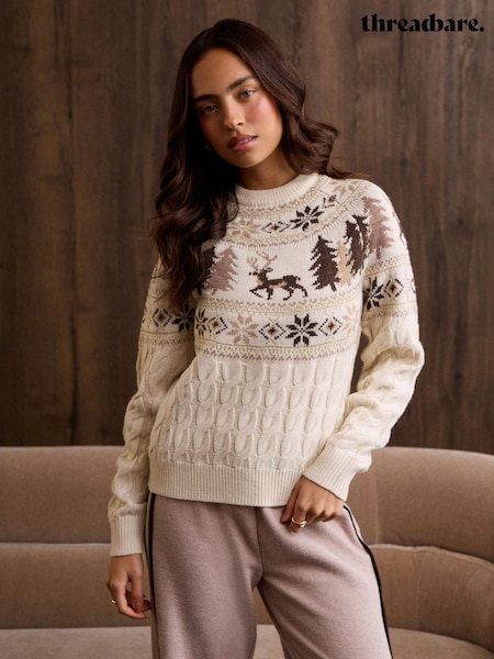 Cream - Threadbare Reindeer Forest Fairisle Christmas Jumper