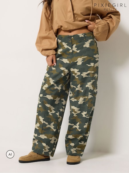 Green - Pixiegirl Petite Twill Camo Cargo Trousers