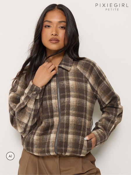 Brown - Pixiegirl Petite Check Pu Collar Bomber Jacket