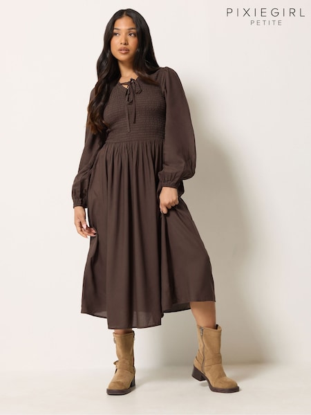 Brown - Pixiegirl Petite Shirred Midi Dress