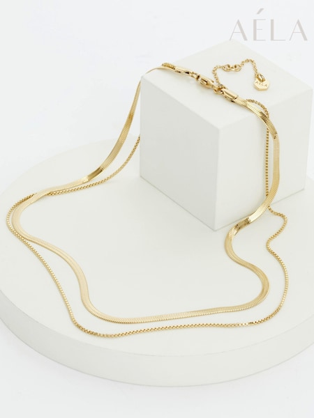 Aela Gold Plated Waterproof Stainless Steel Snake 2 Row Chain Necklace (830792) | £25