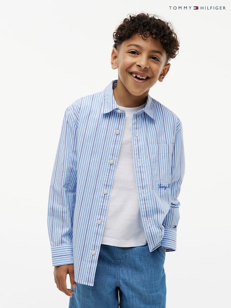Blue - Tommy Hilfiger Regular Fit Stripe Logo Embroidery Poplin Shirt