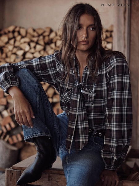 Brown - Mint Velvet Checked Cotton Tie Neck Blouse