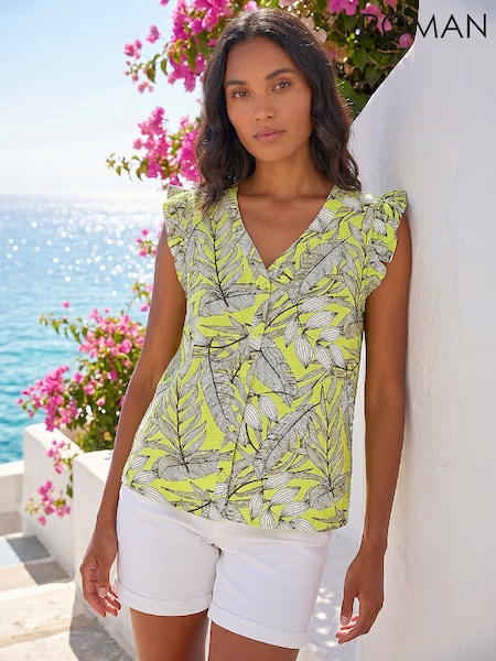 Green - Roman Tropical Print Frill Sleeve Vest