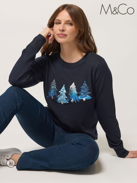 Blue - M&co 4 Tree Christmas Embellished Jumper