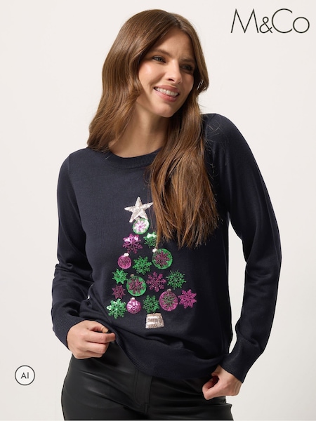 Blue - M&co Bauble Christmas Tree Embellished Jumper