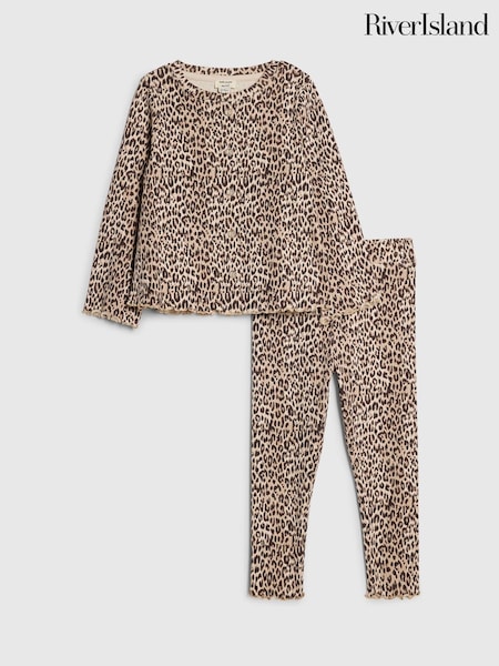 Brown - River Island Leopard Cardigan & Leggings Set