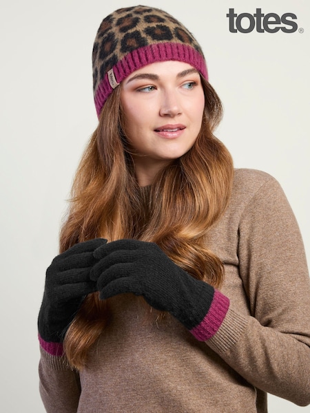 Animal - Totes Leopard Beanie Hat & Gloves With Smartouch