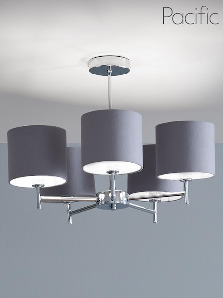Pacific Silver Metal/Grey Plaza Linen 5 Arm Ceiling Light Pendant (837162) | £130