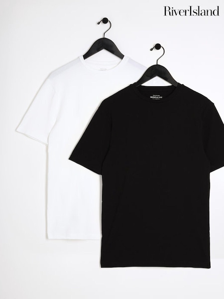 River Island Black/White Muscle Fit 100% Cotton T-Shirts 2 Pack (837783) | £20