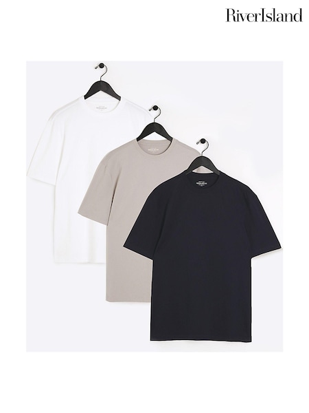 River Island Stone/White/Navy 3 Pack Regular Fit 100% Cotton T-Shirts (838361) | £30