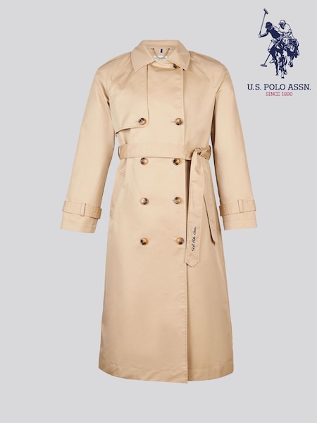 Cream - U.s. Polo Assn Double Breasted Belted Trench Coat