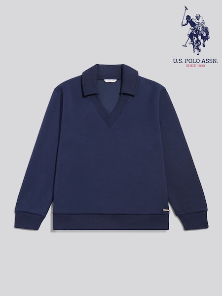 Blue - U.s. Polo Assn Womens Open Collar Split Hem Jumper