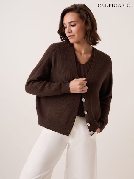 Brown - Celtic & Co. Studio Slouchy Ribbed V-neck Cardigan