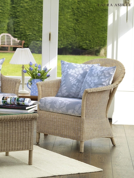 Laura Ashley Pale Blue Garden Bewley Indoor Rattan Chair with Gosford Cranberry Cushions (843543) | £495