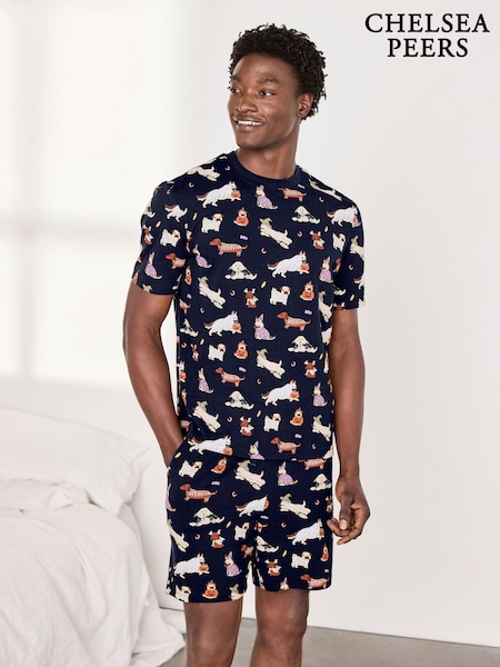 Blue - Regular Chelsea Peers Cotton Halloween Dogs Print Short Pyjamas Set