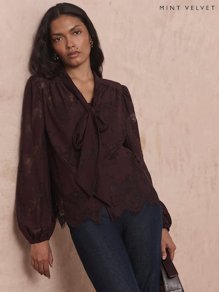 Red - Mint Velvet Lace Pussybow Blouse