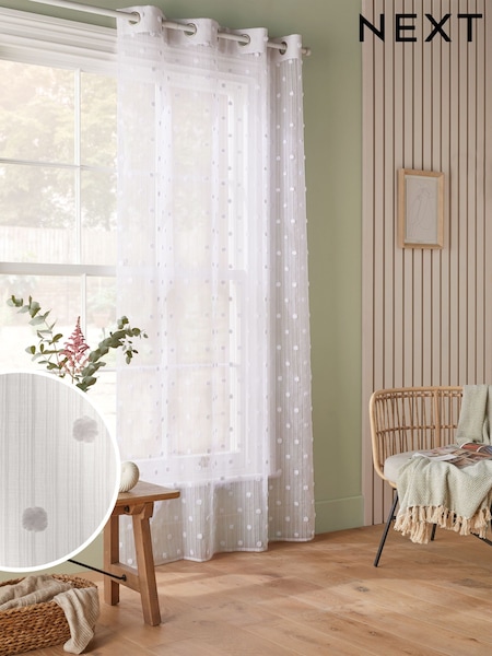 White Pom Pom Slot Top Unlined Sheer Panel Voile Curtain (846548) | £20 - £28